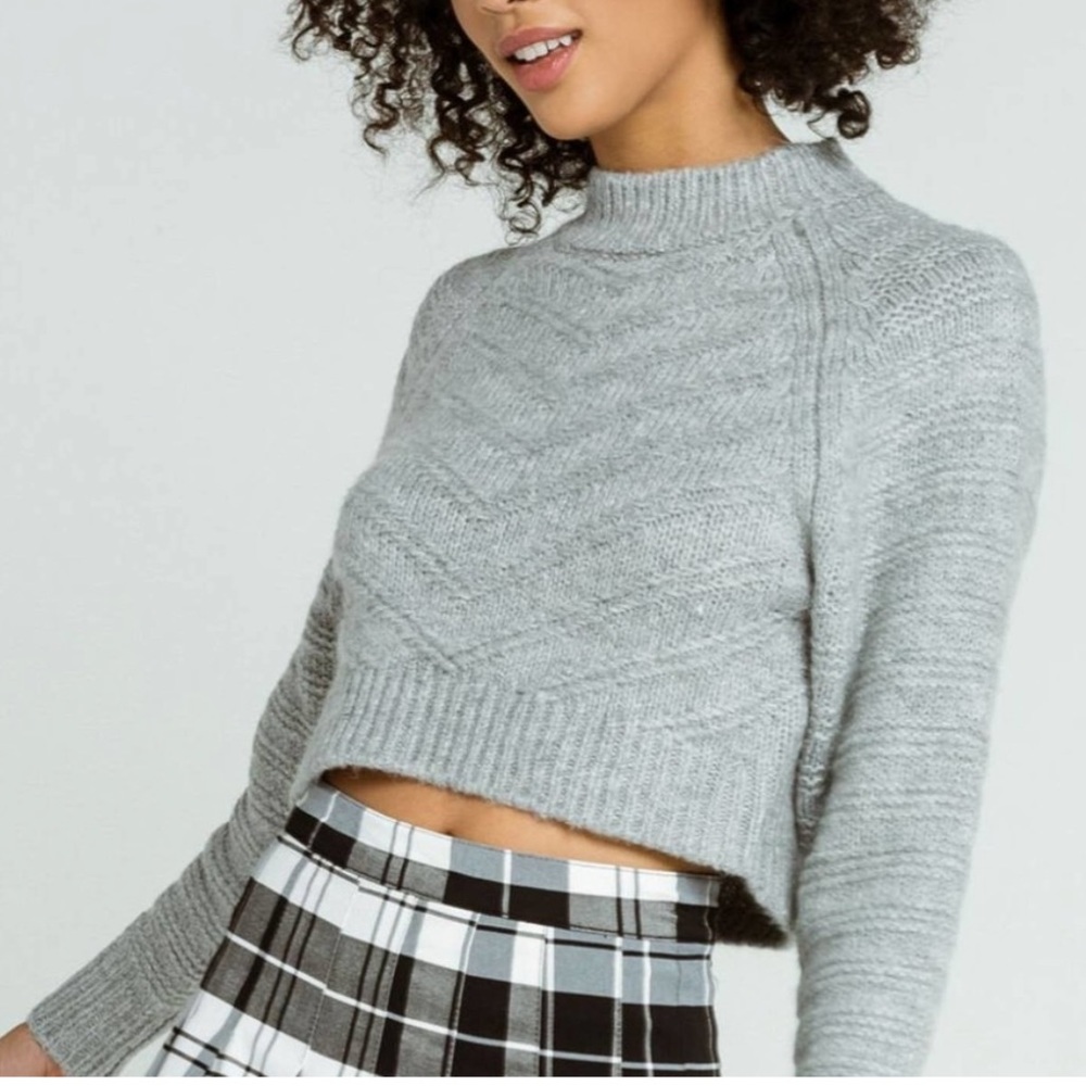 ELODIE Cropped Mock Neck Knit Gray Sweater